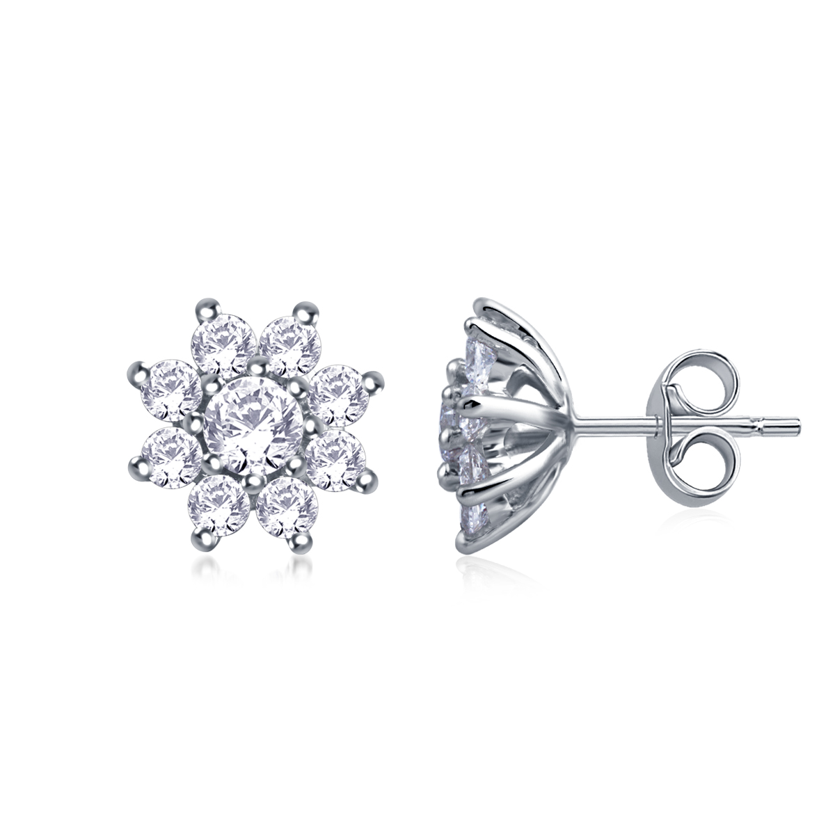 Round Diamond Flower Stud Earrings in 14K White Gold ( 3/4 cttw.)