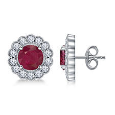 14K White Gold Round Ruby and Diamond Stud Earrings with Scalloped Halo (6mm)