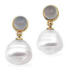 14K Yellow Gold South Sea Cultured Circle Pearl & Genuine Chalcedony Earrings