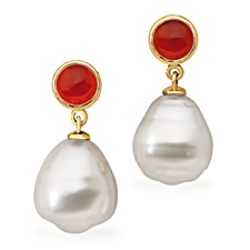 14K Yellow Gold South Sea Cultured Circle Pearl & Genuine Carnelians Earrings