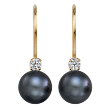 Black Cultured Pearl and Diamond Earrings in 14K Yellow Gold