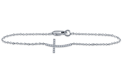 Sideways Diamond Curved Cross Bracelet in 14K White Gold (1/10 cttw.)