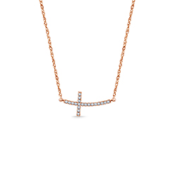 Sideways Diamond Curved Cross pendant in 14K Rose Gold (1/10 cttw.)