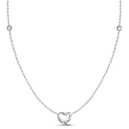Floating Heart Diamond Station Necklace 14K White Gold