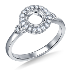 Floral Engagement Ring With Scalloped Halo And Cathedral Shank In 14K White Gold