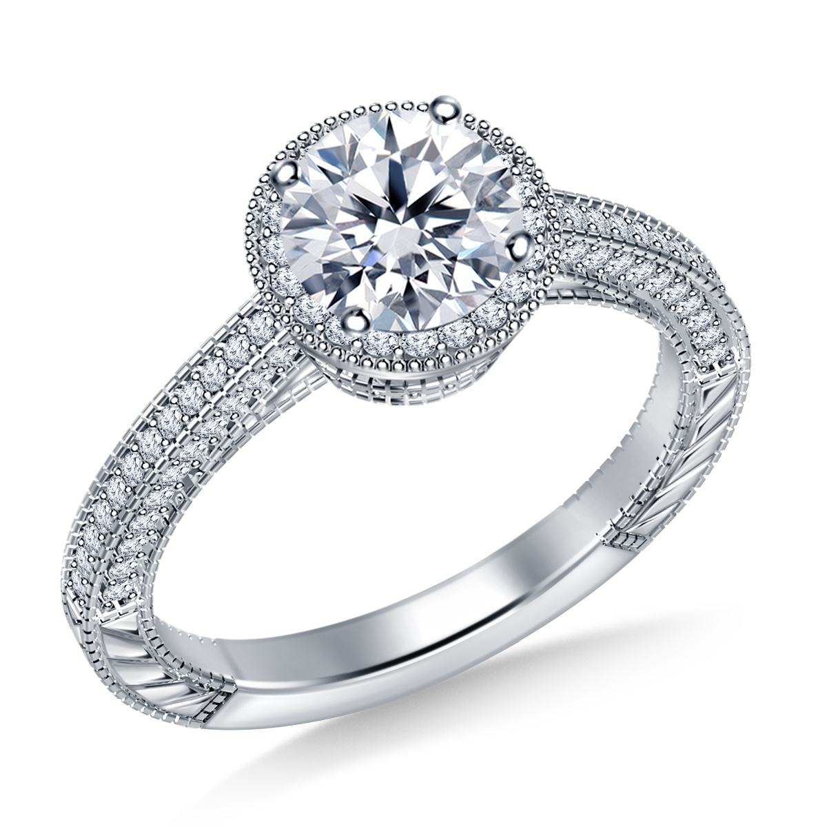 Vintage Halo Round Diamond Engagement Ring in 14K White Gold