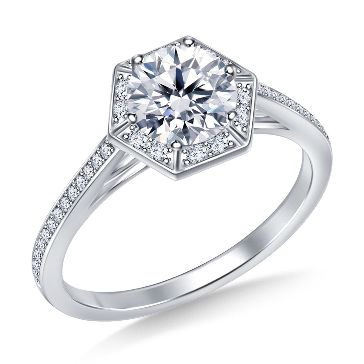 Hexagon Halo Engagement Ring in 14K White Gold