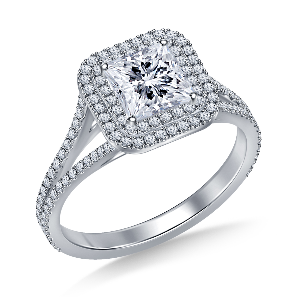 Square Cut Double Halo Split Shank Engagement Ring in 14K White Gold