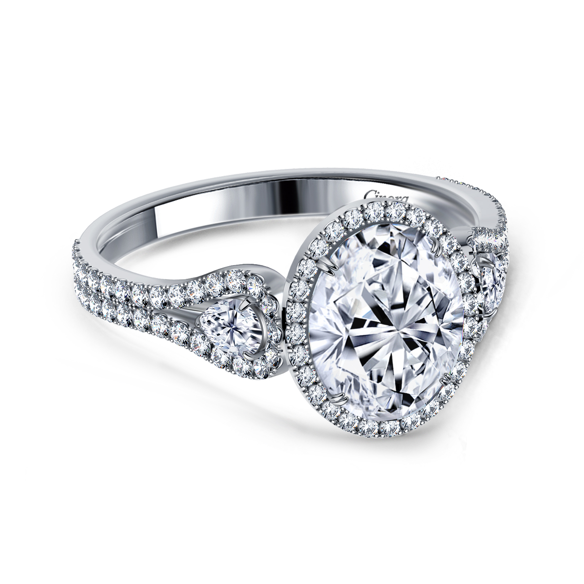 Diamond Halo Three Stone Engagement Ring in 14K White Gold view 3