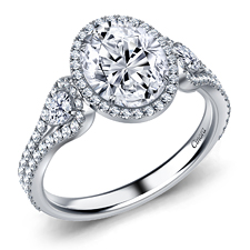 Diamond Halo Three Stone Engagement Ring in 14K White Gold