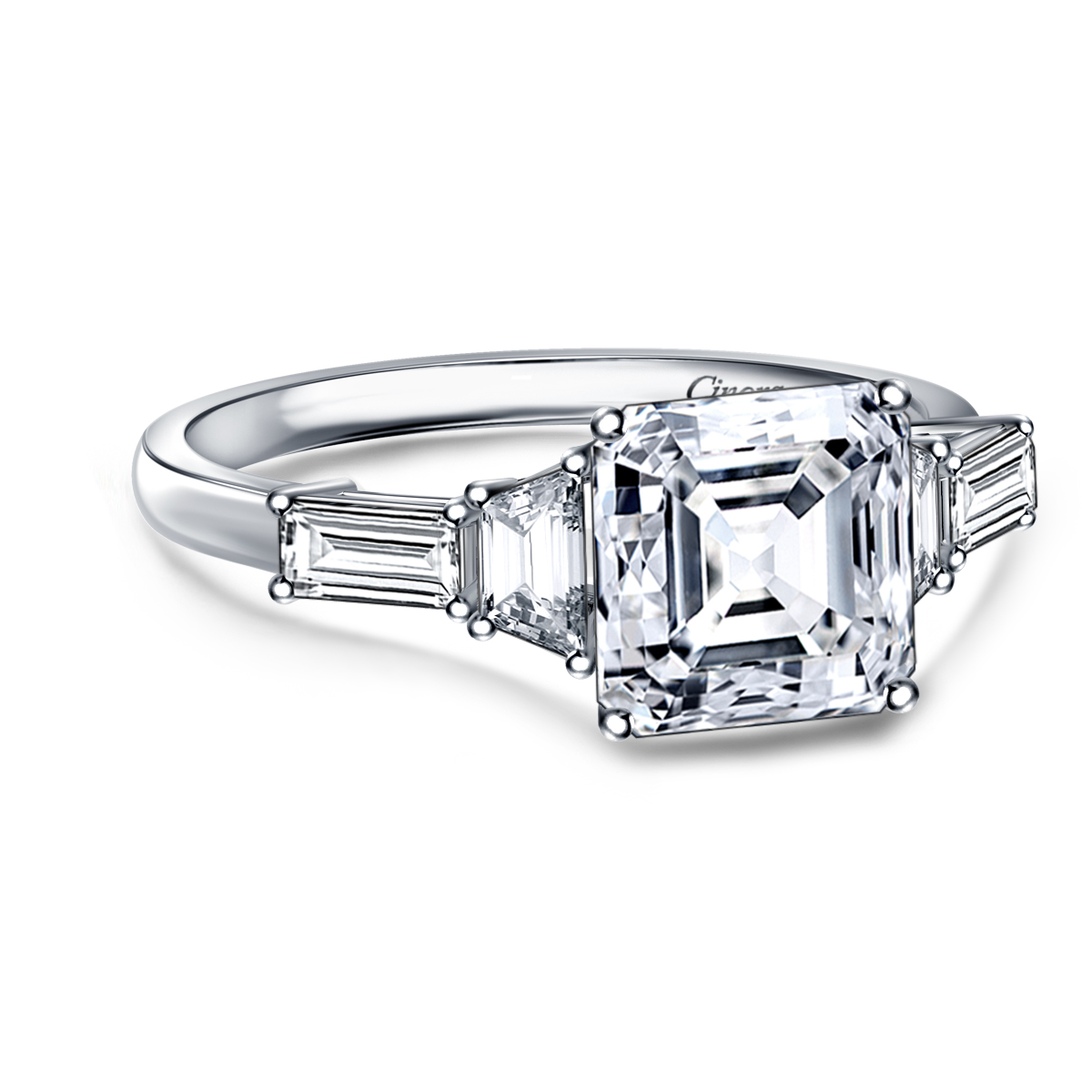 Fancy Diamond Five Stone Asscher, Trapezoid, Baguette Engagement Ring in 14K White Gold view 3