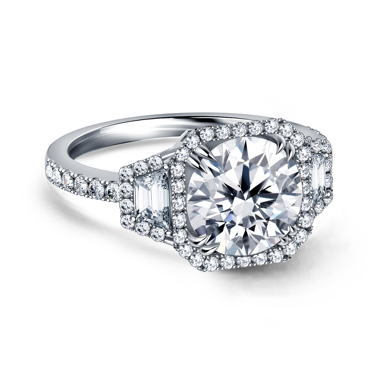 Fancy Diamond Three Stone Trapezoid, Round Halo Engagement Ring in 14K White Gold view 3