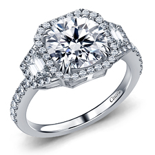 Fancy Diamond Three Stone Trapezoid, Round Halo Engagement Ring in 14K White Gold