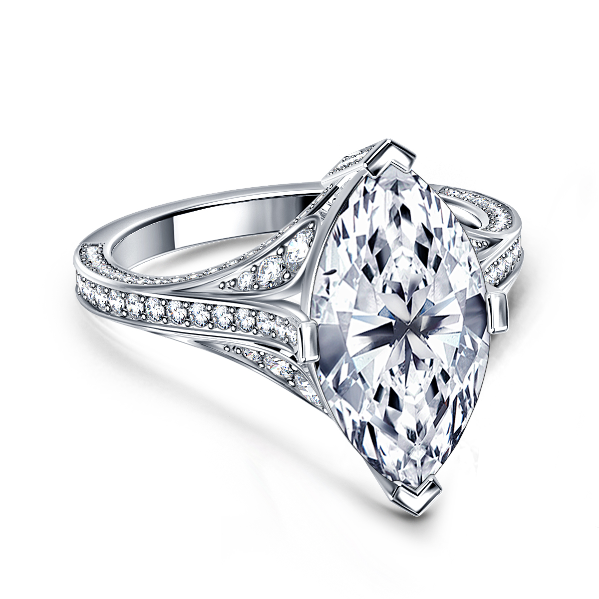 Marquise Diamond Split Shank Engagement Ring with Pave in 14K White Gold view 3