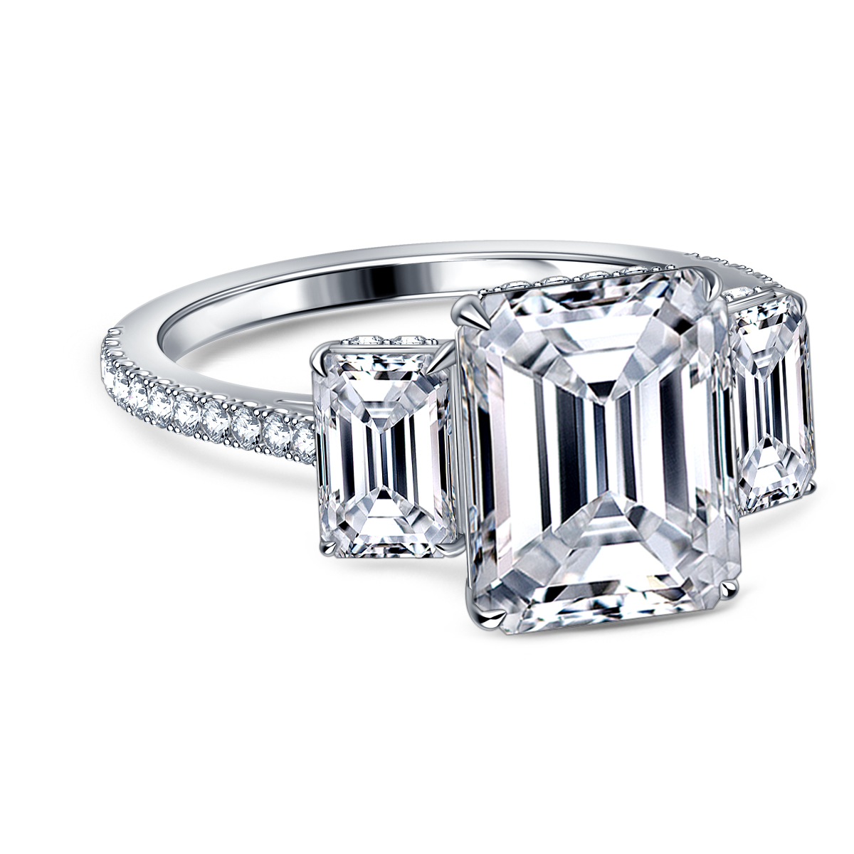 Fancy Emerald Cut Three Stone Diamond Engagement Ring in 14K White Gold view 3
