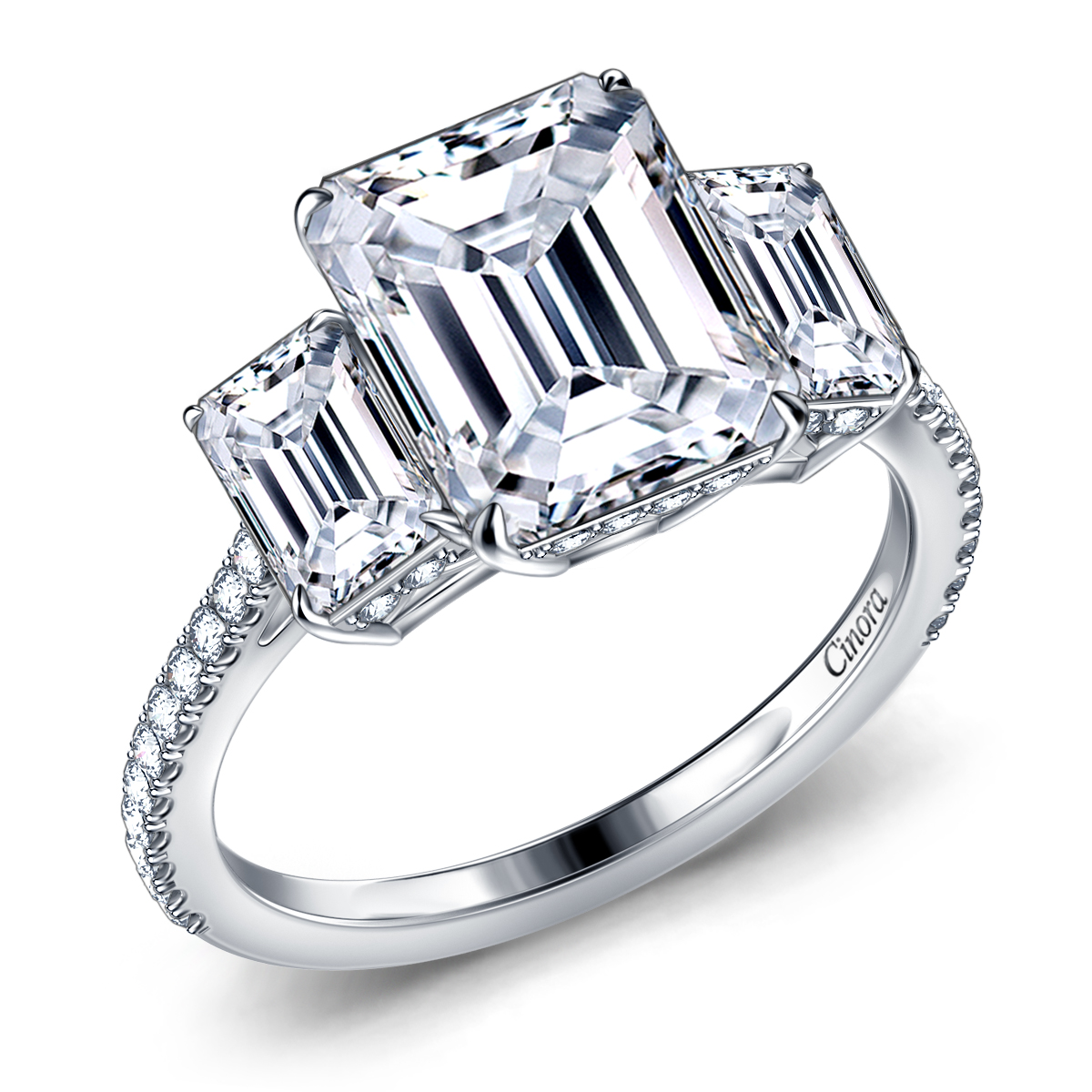 Three Stone Emerald Cut Moissanite Engagement Ring – deBebians