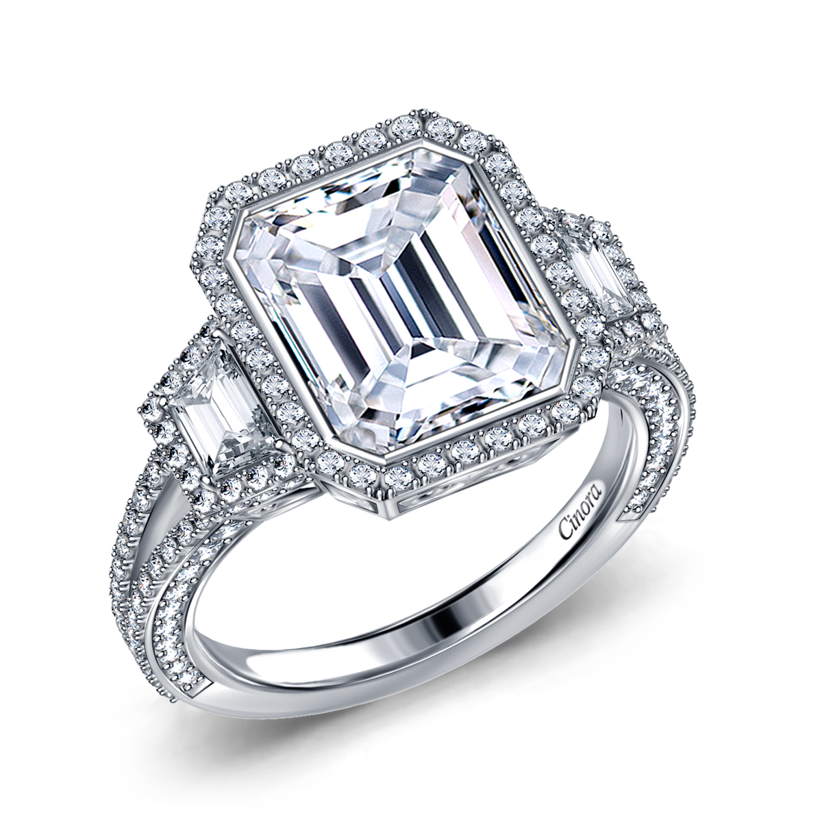 Three Stone Fancy Diamond Halo Emerald Cut Split Shank Engagement Ring ...