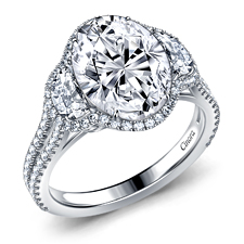 Fancy Cut Three Stone Diamond Halo Engagement Ring in 14K White Gold