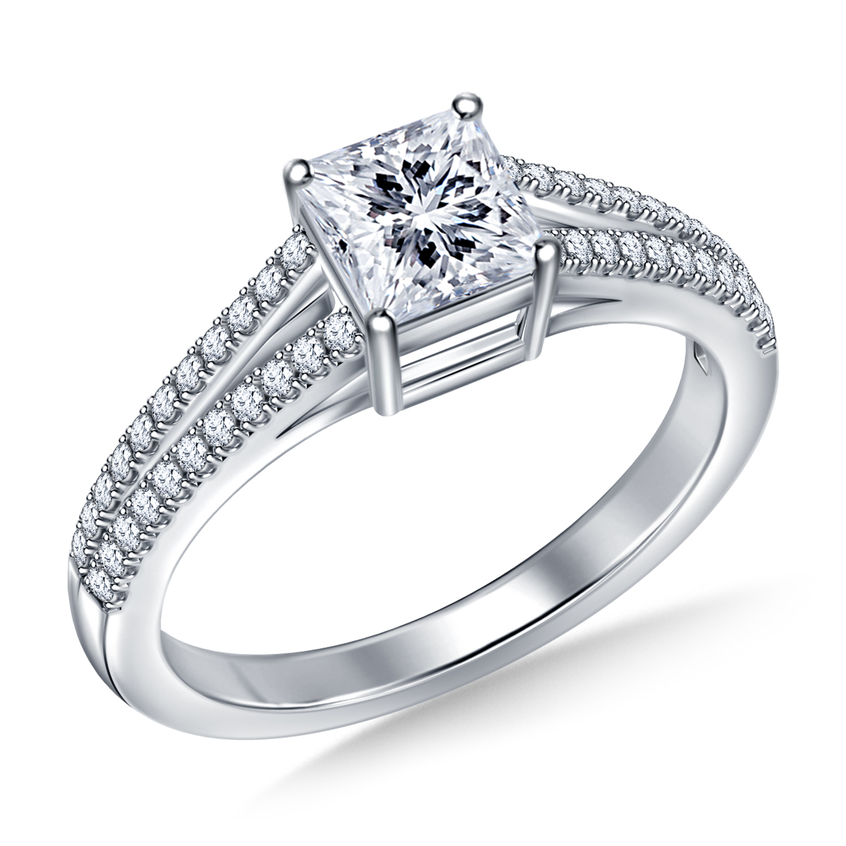 Diamond Split Shank Engagement Ring for Princess Asscher or Cushion Cut  in 14K White Gold