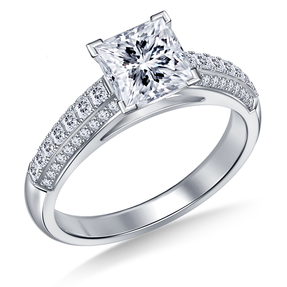 Diamond Solitaire Engagement Ring with Mixed Shape Pave Accent Diamonds in 14K White Gold