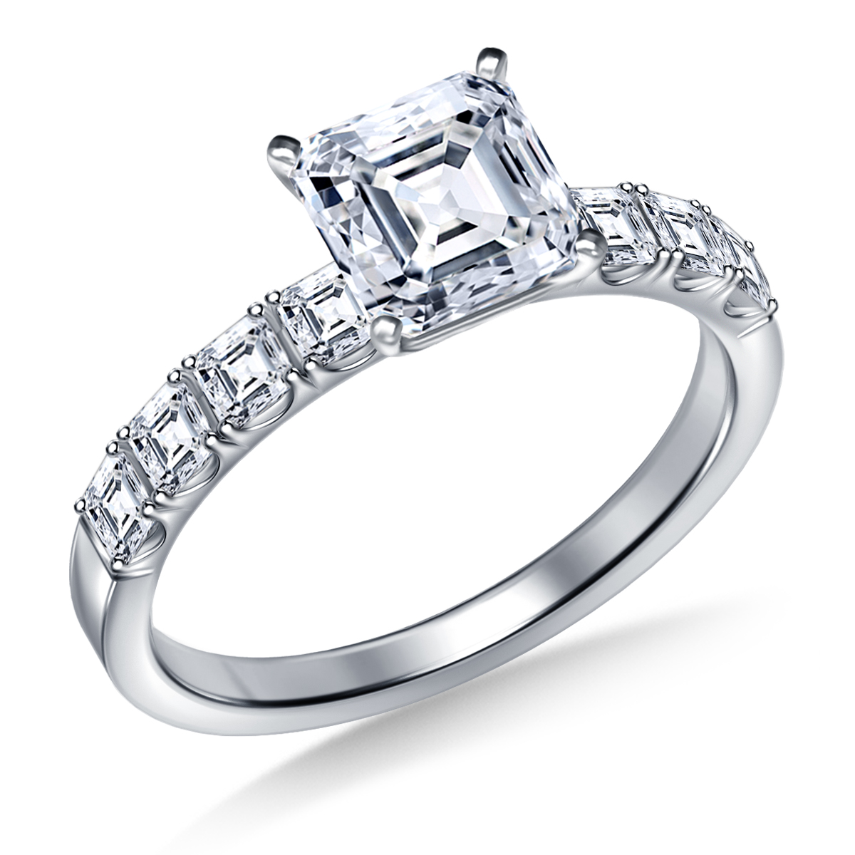 Diamond Engagement Ring with Asscher Cut Diamond Accents in 14K White Gold