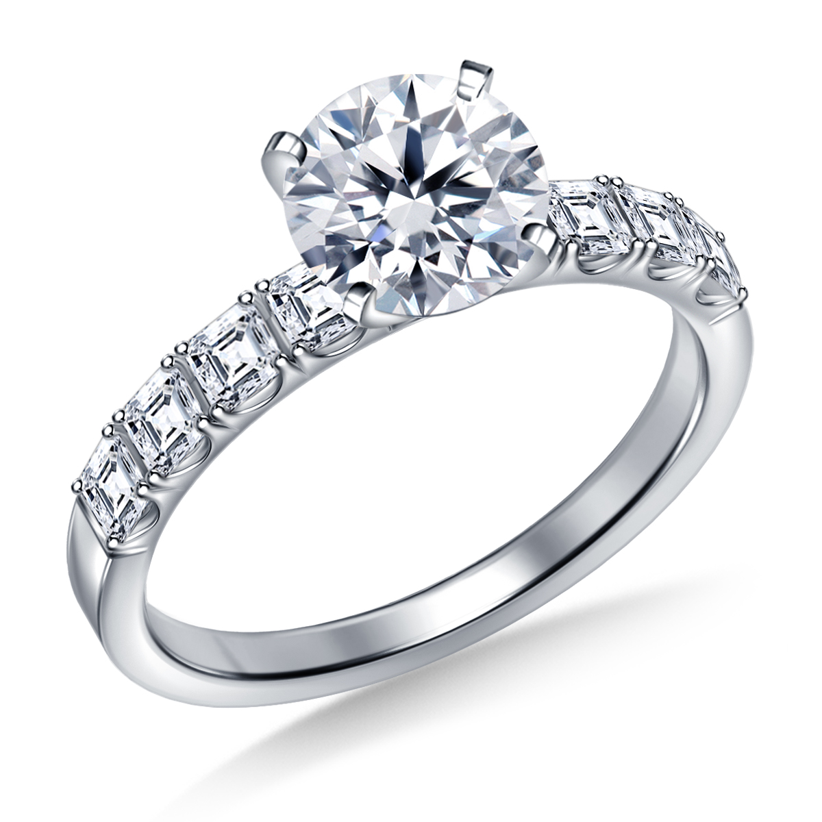 Diamond Engagement Ring with Asscher Cut Diamond Accents in 14K White Gold