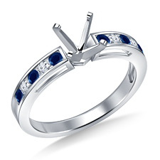 Channel Set Blue Sapphire with Round Diamond Engagement Ring in 14K White Gold