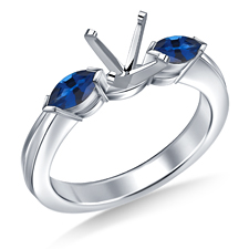 Marquise Shaped Blue Sapphire Three Stone Engagement Ring in 14K White Gold