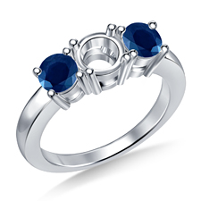 Three Stone Round Shaped Blue Sapphire Prong Set Engagement Ring in 14K White Gold