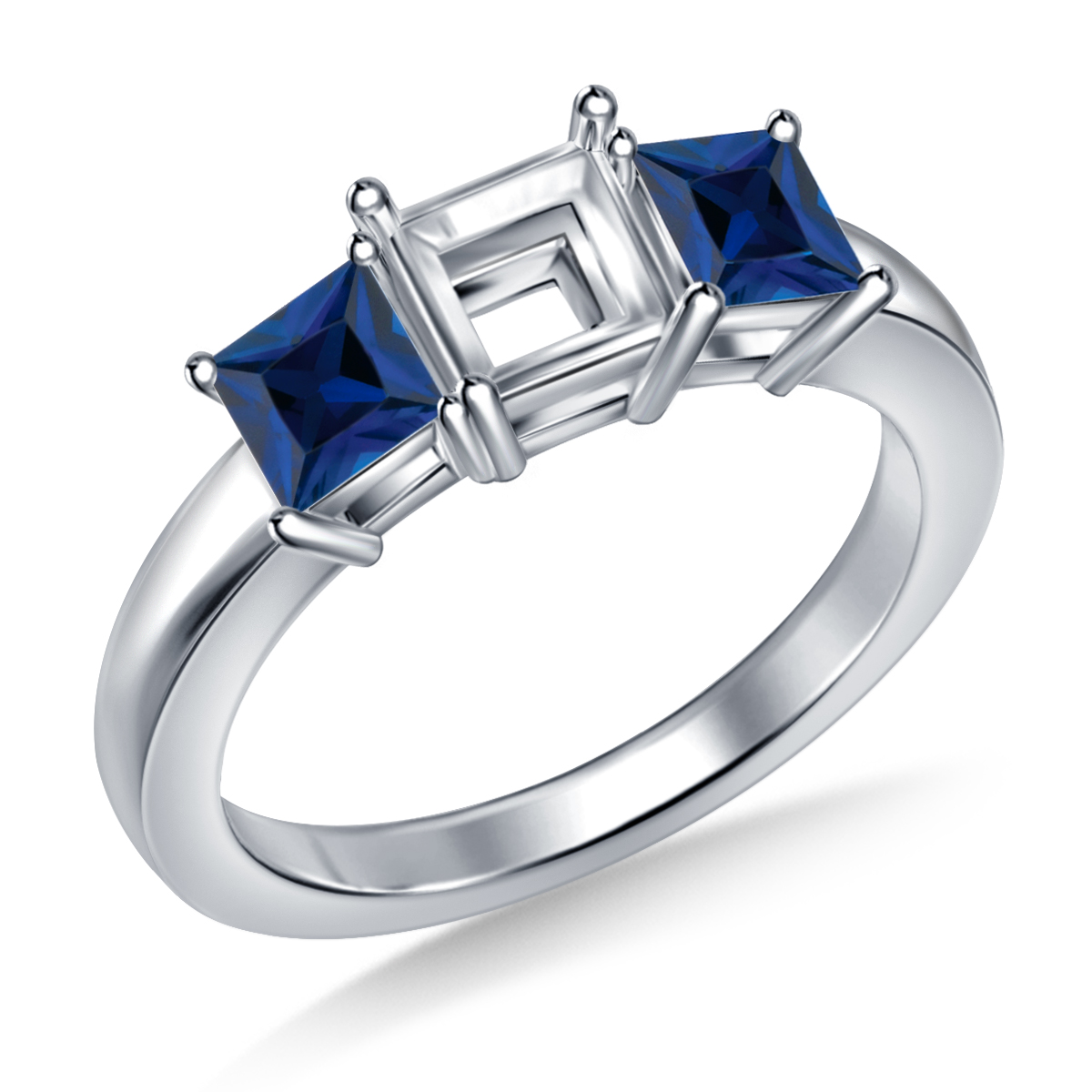 14K White Gold Three Stone Princess Shaped Blue Sapphire Engagement Ring