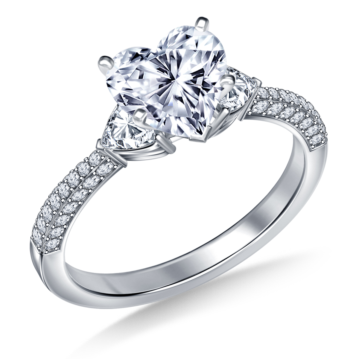 Three Stone Trillion and Micropave Set Diamond Engagement Ring in 14K White Gold