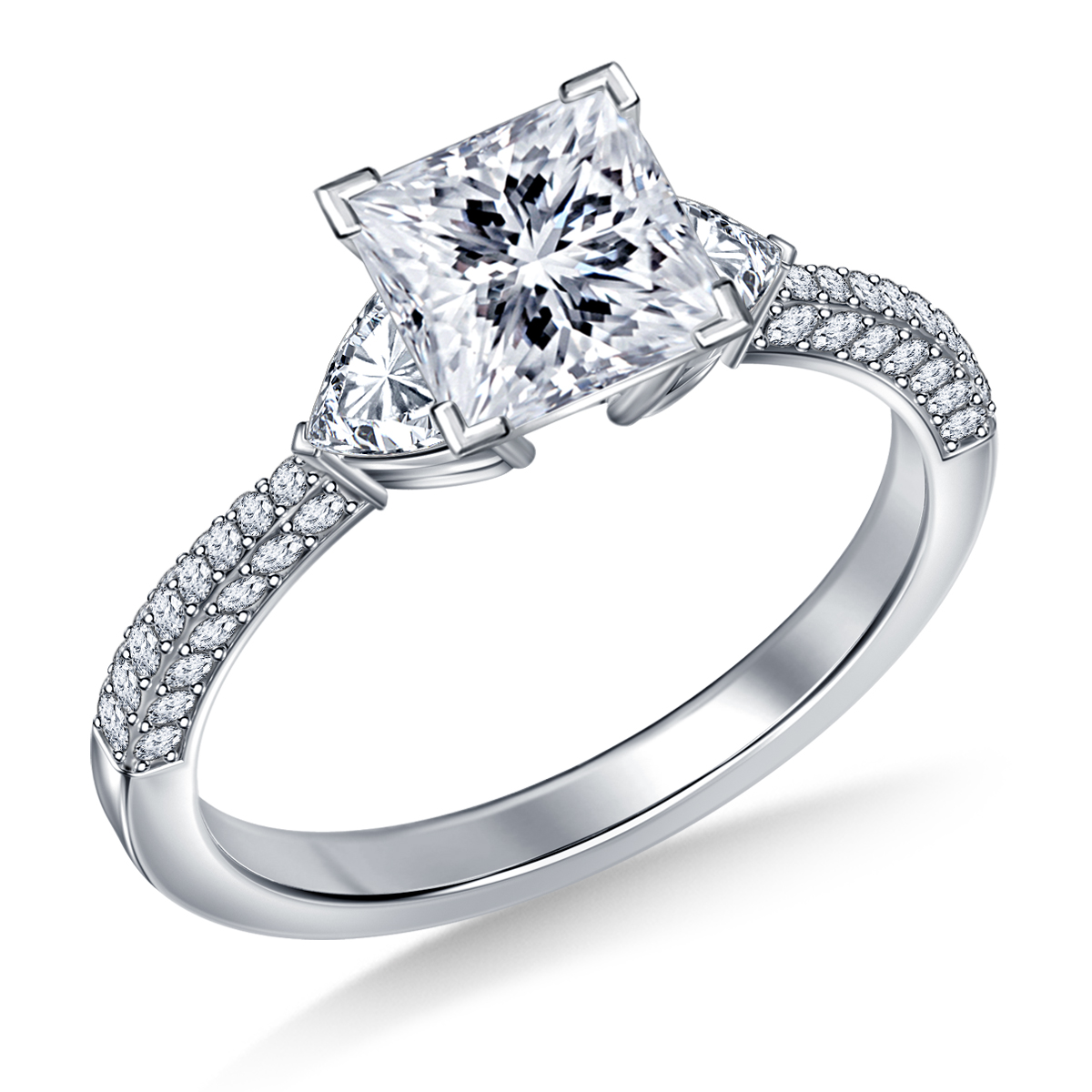 Three Stone Trillion and Micropave Set Diamond Engagement Ring in 14K White Gold