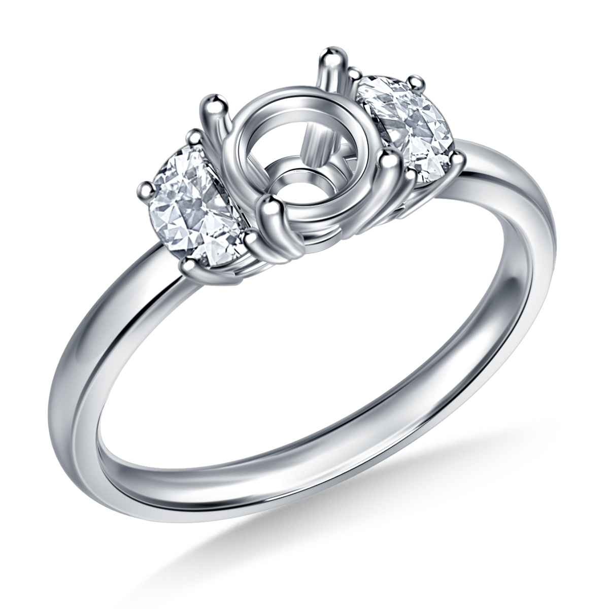Three Stone Half Moon Diamond Engagement Ring in 14K White Gold