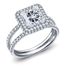 Princess Cut Diamond Split Shank Double Halo Engagement Ring in Platinum