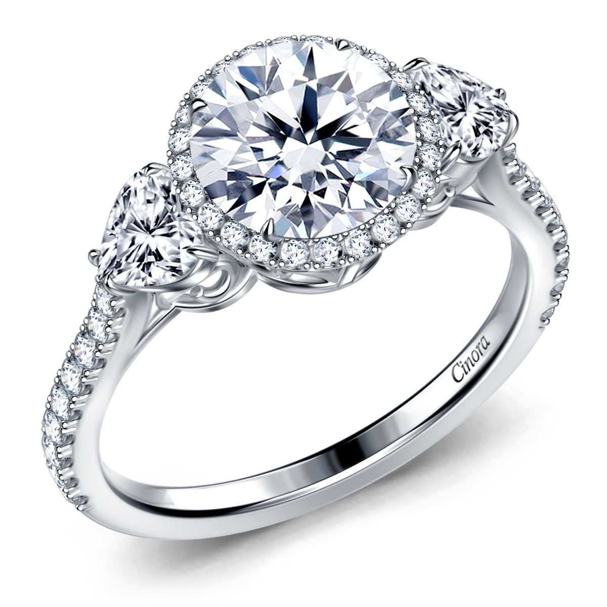Fancy Cut Three Stone Filigree Engagement Ring with Heart Shaped ...