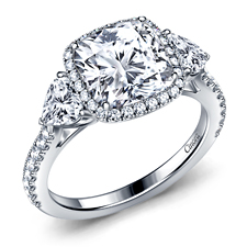 Fancy Cut Three Stone Halo Engagement Ring with Cushion and Heart Shaped Diamonds in Platinum