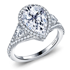 Pear Center Fancy Diamond Halo Engagement Ring with Trillion Cut in 14K White Gold