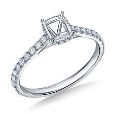 Cathedral Diamond Engagement Ring with Fancy Cushion Cut Center and French Pave Details in 14K White Gold