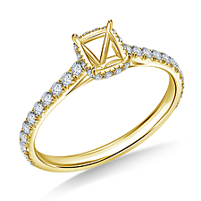 Cathedral Diamond Engagement Ring with Fancy Cushion Cut Center and French Pave Details in 14K Yellow Gold