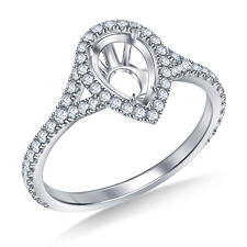 Fancy Cathedral Pear Shape Diamond Engagement Ring with Split Shank and Diamond Halo in 14K White Gold
