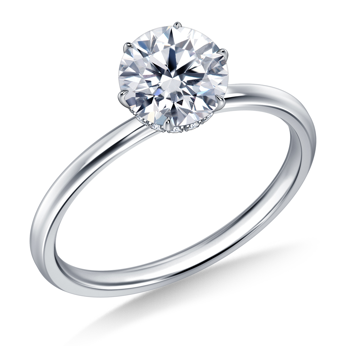 Diamond Halo Solitaire Engagement Ring with Six Prong Setting in 14K White Gold