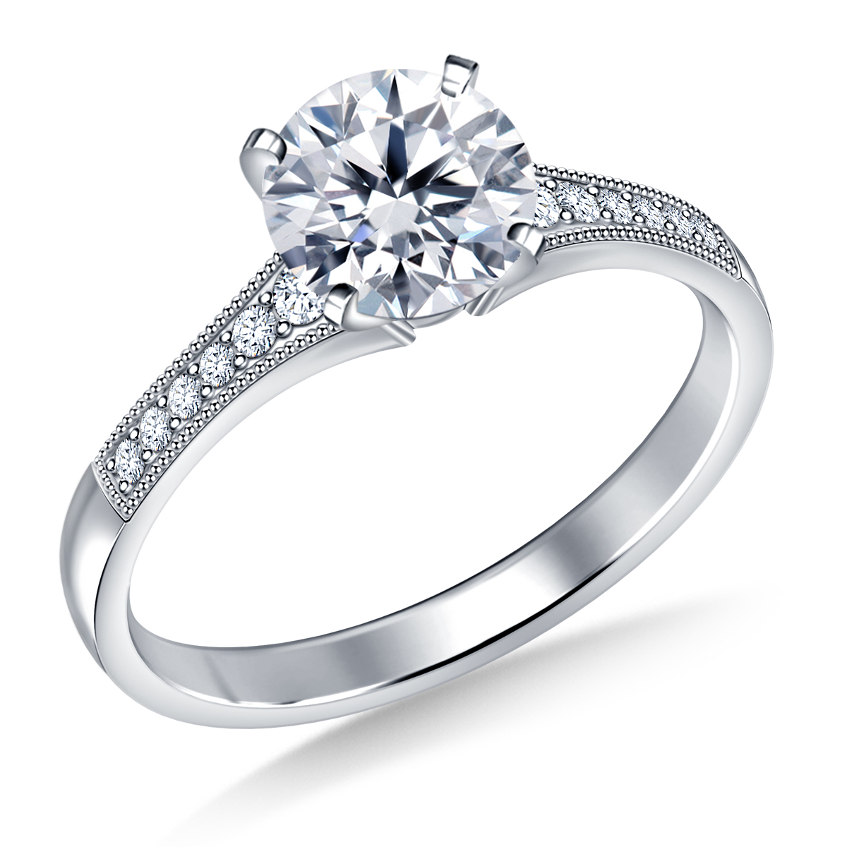 Classic Vintage  Diamond Engagement Ring with Pave Accents in 14K White Gold