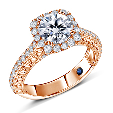 Cushion Shaped Halo Legacy Engagement Ring With Leaf Motif in 14K Rose Gold