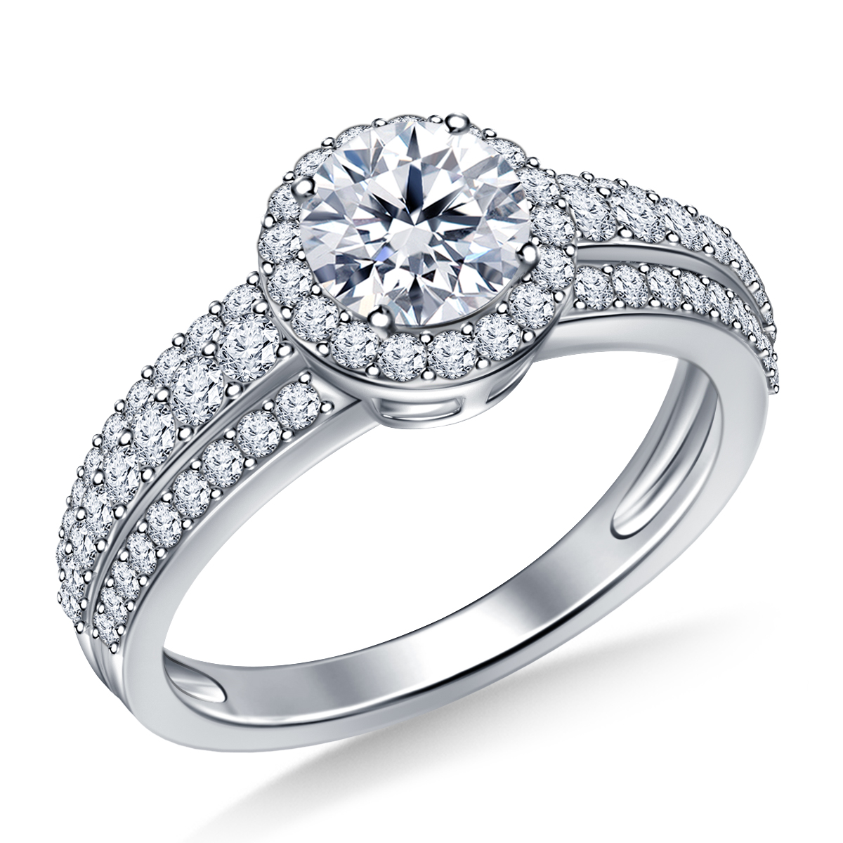 Round Halo Triple Band Diamond Engagement Ring in 14K White Gold