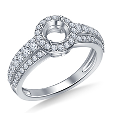 Round Halo Triple Band Diamond Engagement Ring in 14K White Gold