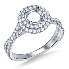 Double Halo With Twisted Split Shank Cathedral Engagement Ring In 14K White Gold