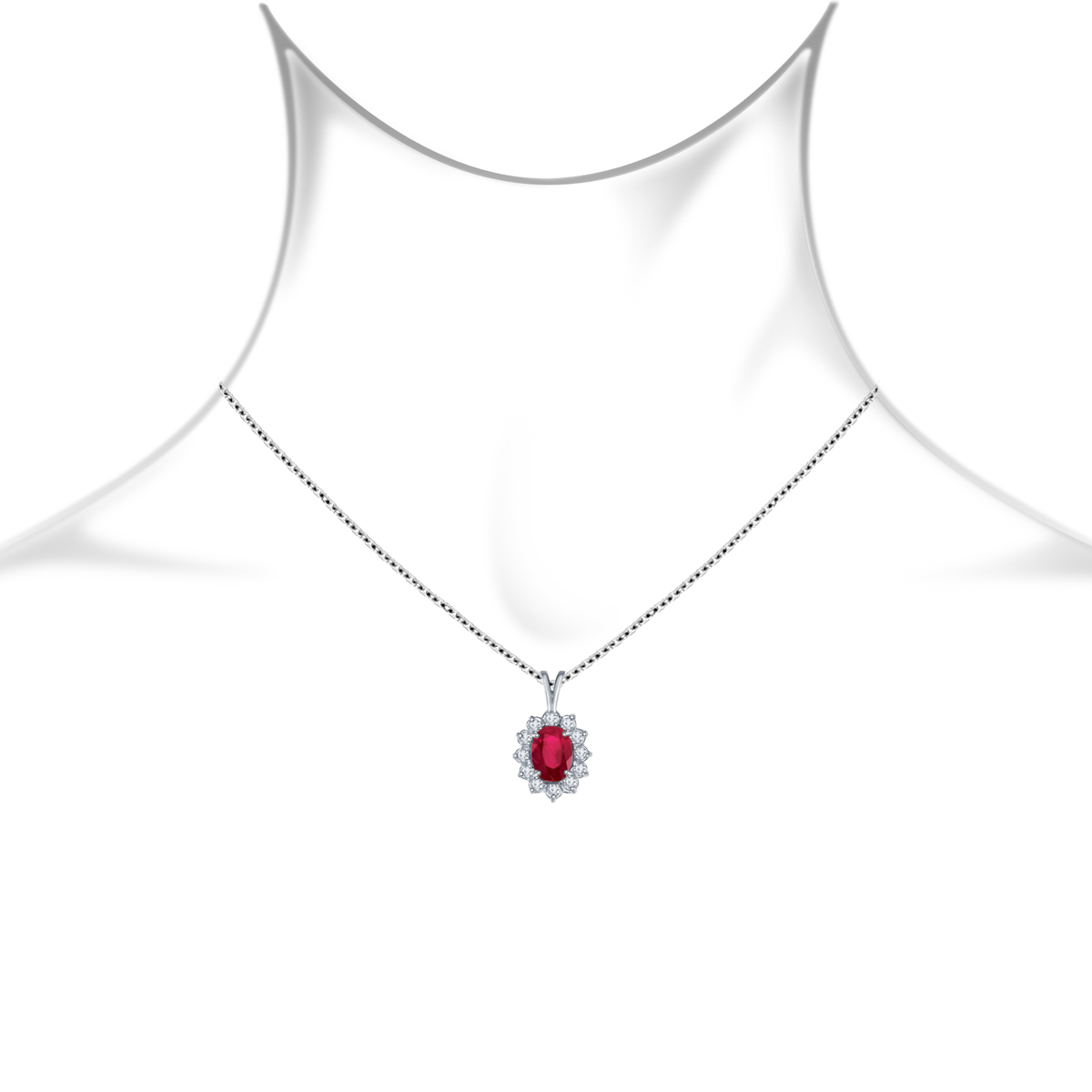 Ruby Oval Pendant Necklace with Starburst Diamond Halo in 14K White Gold (8x6mm) view 2