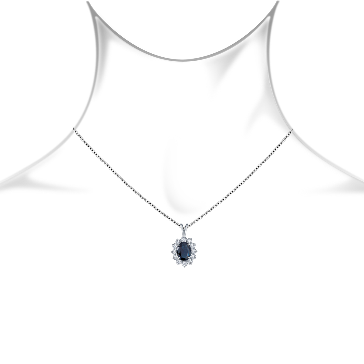 Sapphire Oval Pendant Necklace with Starburst Diamond Halo in 14K White Gold (8x6mm) view 2