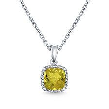 Peridot Cushion Cut Diamond Gemstone Pendant Necklace in 14K White Gold (7mm)