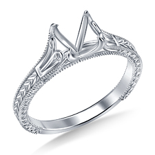 Diamond Engraved Solitaire Engagement Ring Mounting with Prong Setting in 14K White Gold